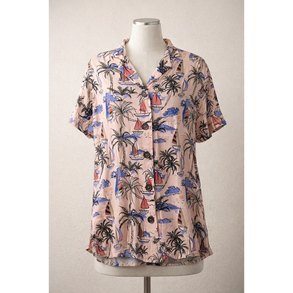 Pepaloves Pink Tropical Palm Tree‎ Sailboat Shirt Dress Tunic Blouse Small